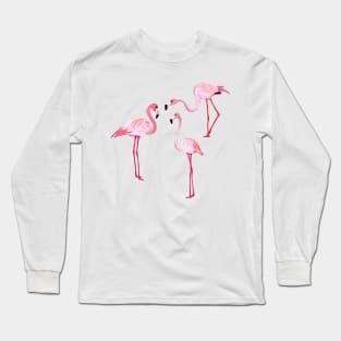 Pink Flamingos - 3 Watercolor Birds - Painted Wildlife Long Sleeve T-Shirt